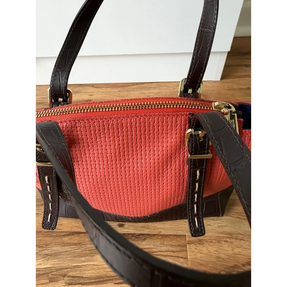 Ripani Italian Leather Handbag Red Woven Brown Croc Embossed Satchel Bag
